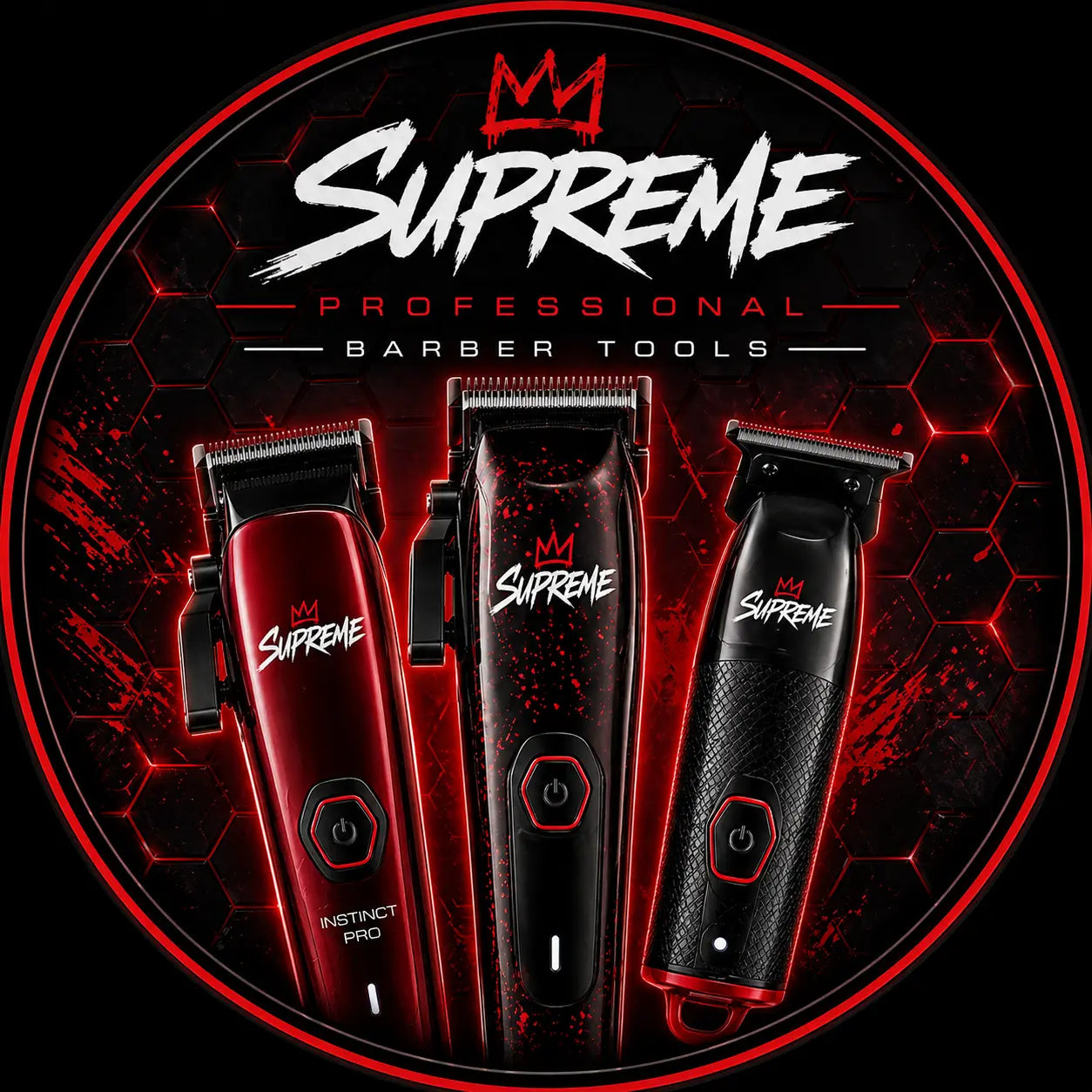 Three Supreme professional barber trimmers in red, black splatter, and textured black, with glowing red accents.