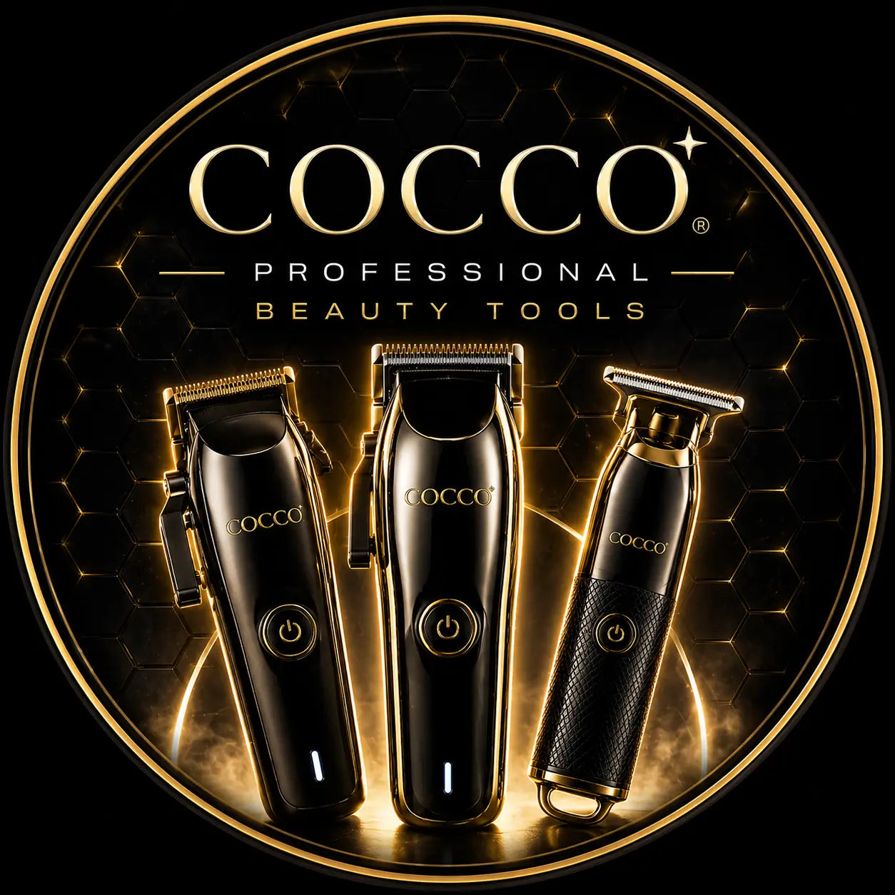 COCCO Professional beauty tools: sleek black and gold hair clippers and trimmers.